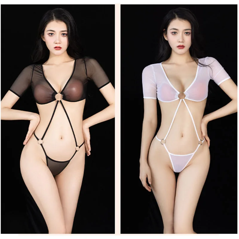 

Women Sexy Lingerie Sheer Mesh High Cut Catsuit Short Sleeve T-back Open Hip Teddy Bodysuit Club Wear Erotic Underwear