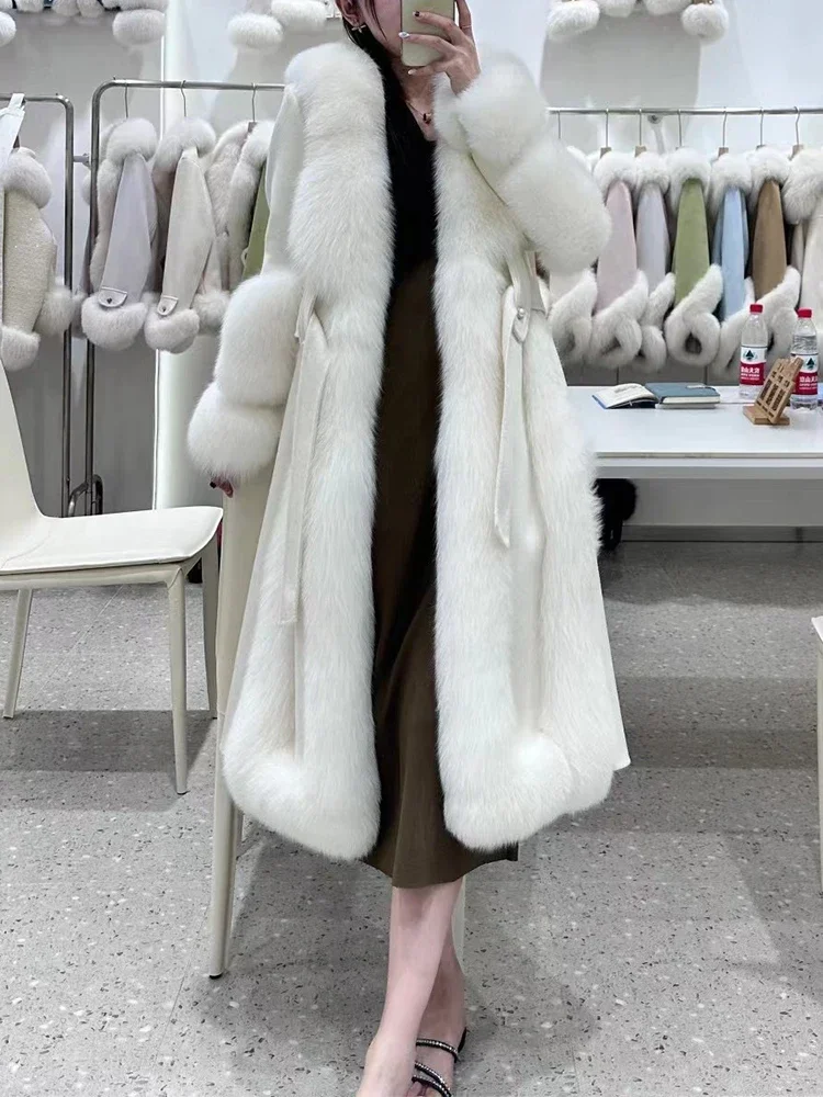 

Женское утолщенное пальто, роскошное теплое шерстяное пальто с 2023 белым гусиным пухом и воротником из натурального Лисьего меха, зима 90%