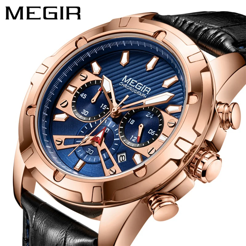 

MEGIR Waterproof Sport Watches For Men Top Brand Genuine Leather Strap Luminous Quartz Watch Man Luxury Stopwatch Fashion Clocks