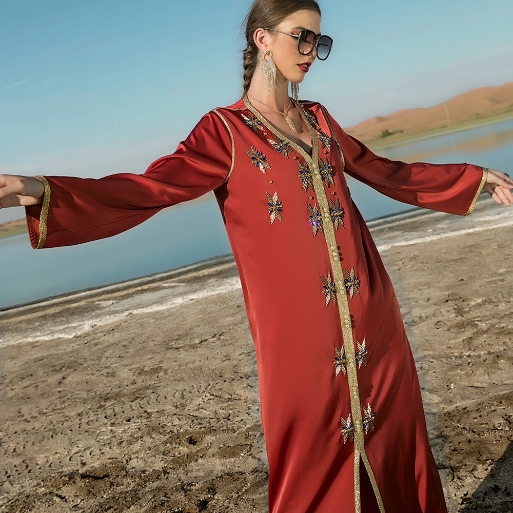Ramadan Eid Mubarak Orange Abaya Dubai Turkey Islamic Arabic Muslim Long Party Evening Dresses For Women Robe De Soiree Femme