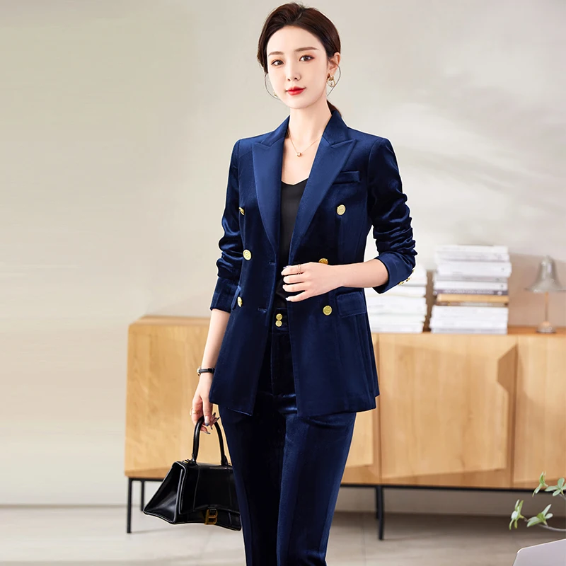 2023 Spring and Autumn New Blue Black Double breasted Fleece Suit Coat Women's Pants Two Piece Set Elegant Fashion Commuter Tren