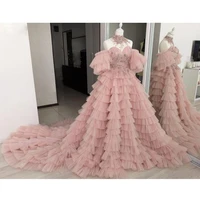 pink tulle applique strapless layered ruffled prom dress formal banquet wedding evening dress