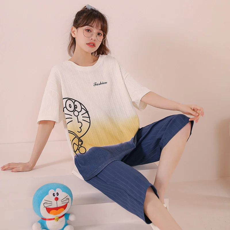 Pajamas women's summer new cotton net red new short sleeved Capris cute students can wear home clothes suit