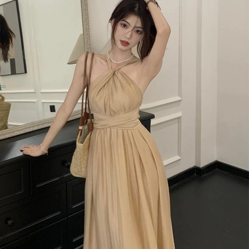 

Khaki Halter Slim Waist Women's Dresses French Style Elegant Solid Color Pleated Fashion Female Dress Korean Fashion 2023 Summer