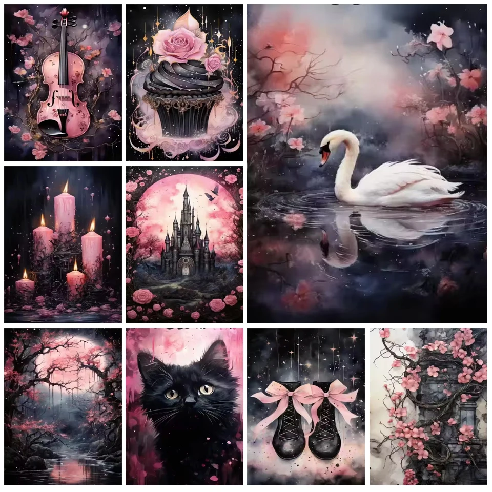 Diy Diamond Painting Gothic Retro Pink Flower Castle Butterfly Animal and Plant Landscape Mosaic Embroidery Home Decor