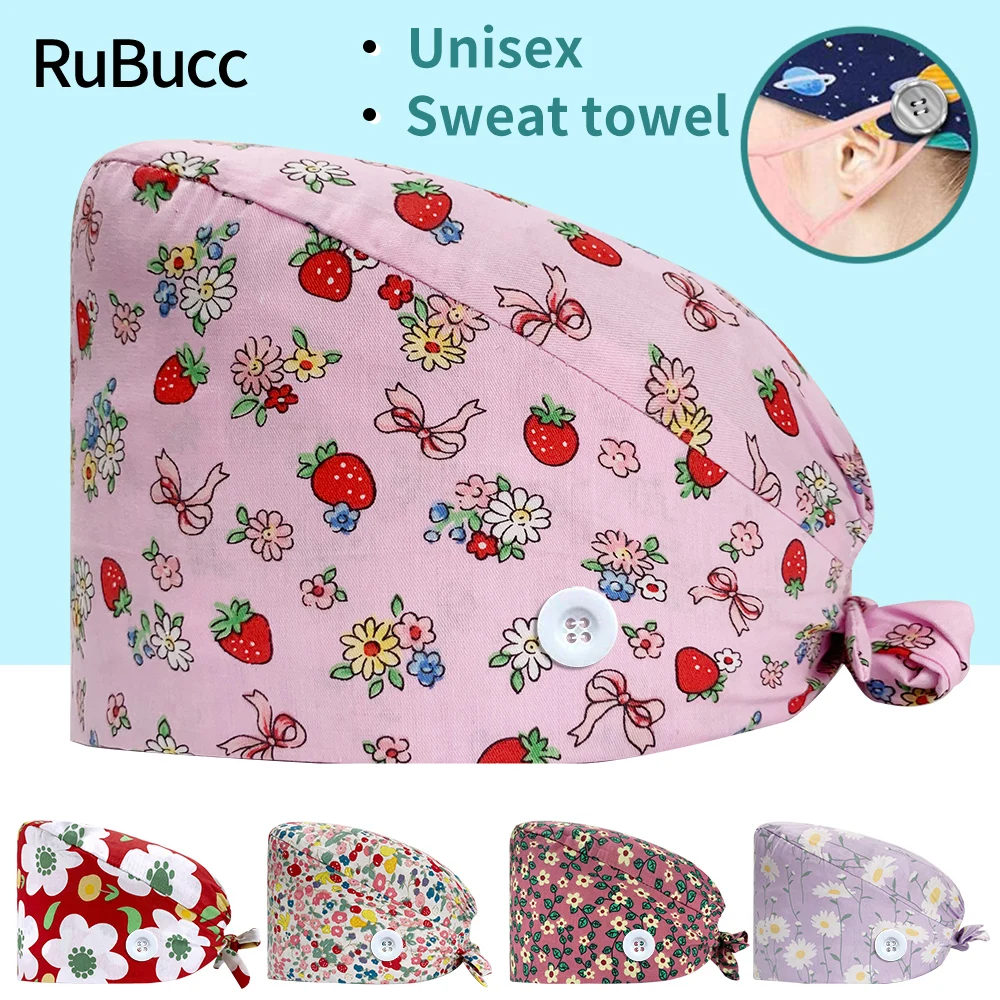 

Adjustable Medical Hats High Quality Pet Grooming Scrub Caps Patterns Tieback 100%Cotton Summer Beauty Salon Work Hats Wholesale