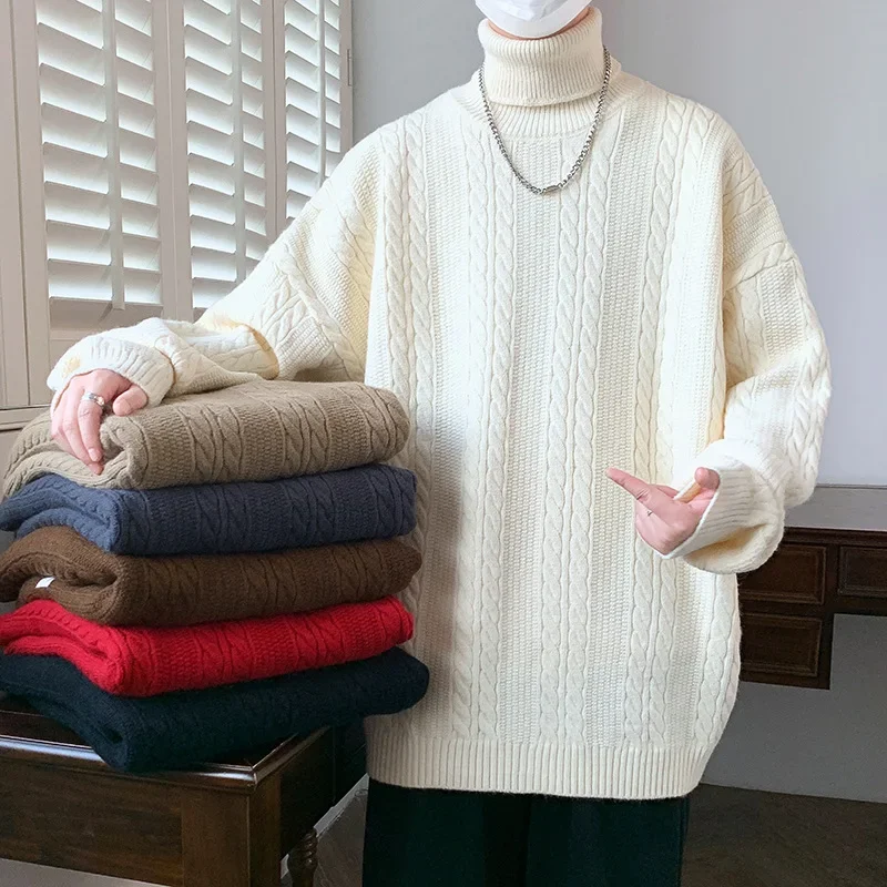 Casual Round Neck Cable Knit Sweater Men's Japanese Style Loose Fit Idle Vintage Knitted Top Solid Color Trendy Brand Pullovers