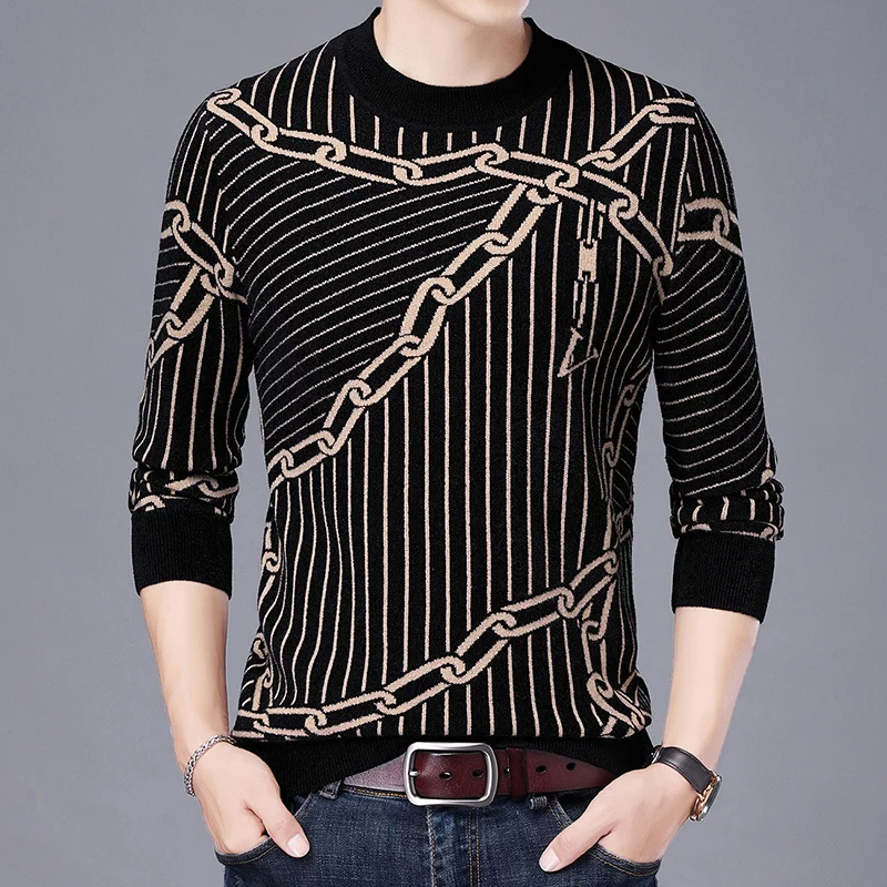 

Luxury New High-end Men's Knitted Sweater High-quality Fleece Round Neck Striped European Trend Fashion Pullover2023AutumnWinter