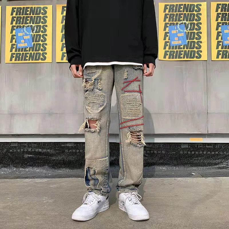 High Street Patch Fog Hole Jeans New Trendy Brand Design Sense NiChe Pants Fried Street Pants Men's Zipper Jeans For Men