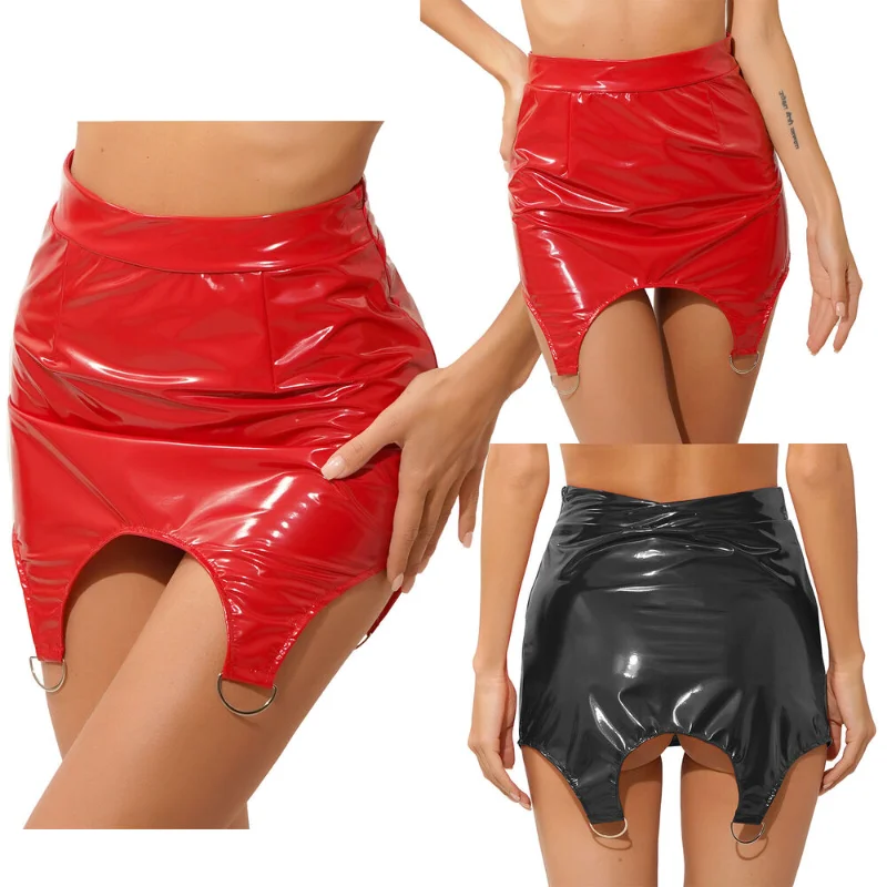 Leather Skirt Women's Irregular Skirt High Waist Invisible Zipper Rear Patent Leather Skirt European and American Fashion Trend