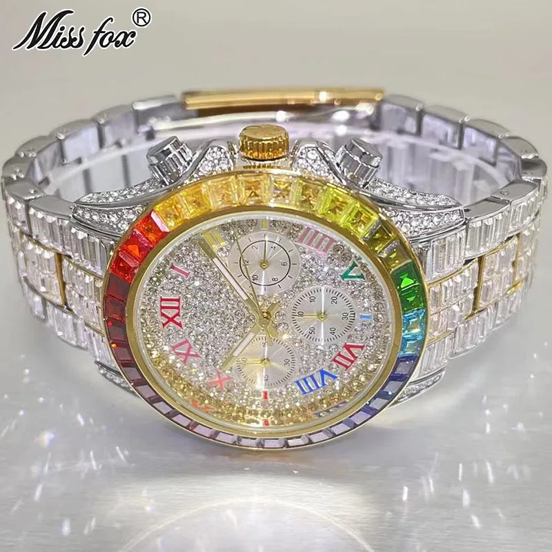 Luxury Brand MISSFOX Gold Watch For Mens Fashion Iced Out Waterproof Wristwatch Rainbow Diamond Jewelry Clocks Male Reloj Hombre