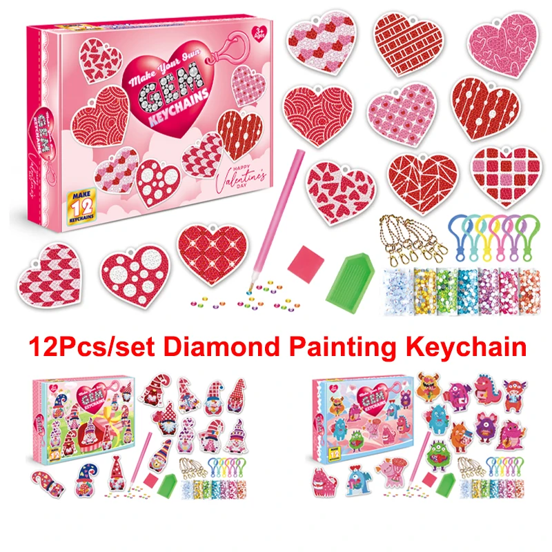 

12Pcs DIY Valentine's Diamond Painting Keychain Love Heart Cartoon Diamond Embroidery Mosaic Keyring Woman Bag Pendant DecorGift