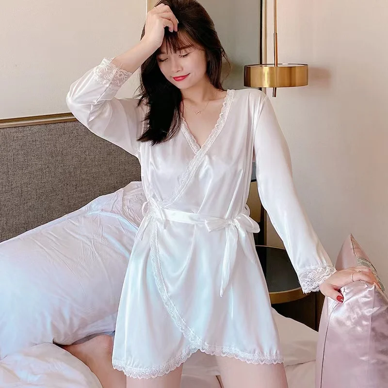 Spring And Summer New Long-Sleeved Stretch Satin Nightgown Lace Comfortable Home Clothes Women