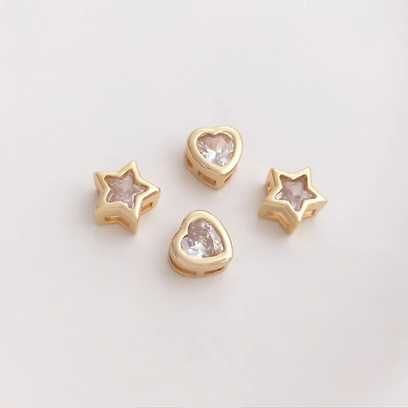 

7.2 7.8mm Peach Heart/Pentagram Charm Spacer Beads Gold Color Inlaid Zircon Loose Bead For DIY Jewelry Making Accessory Supplies