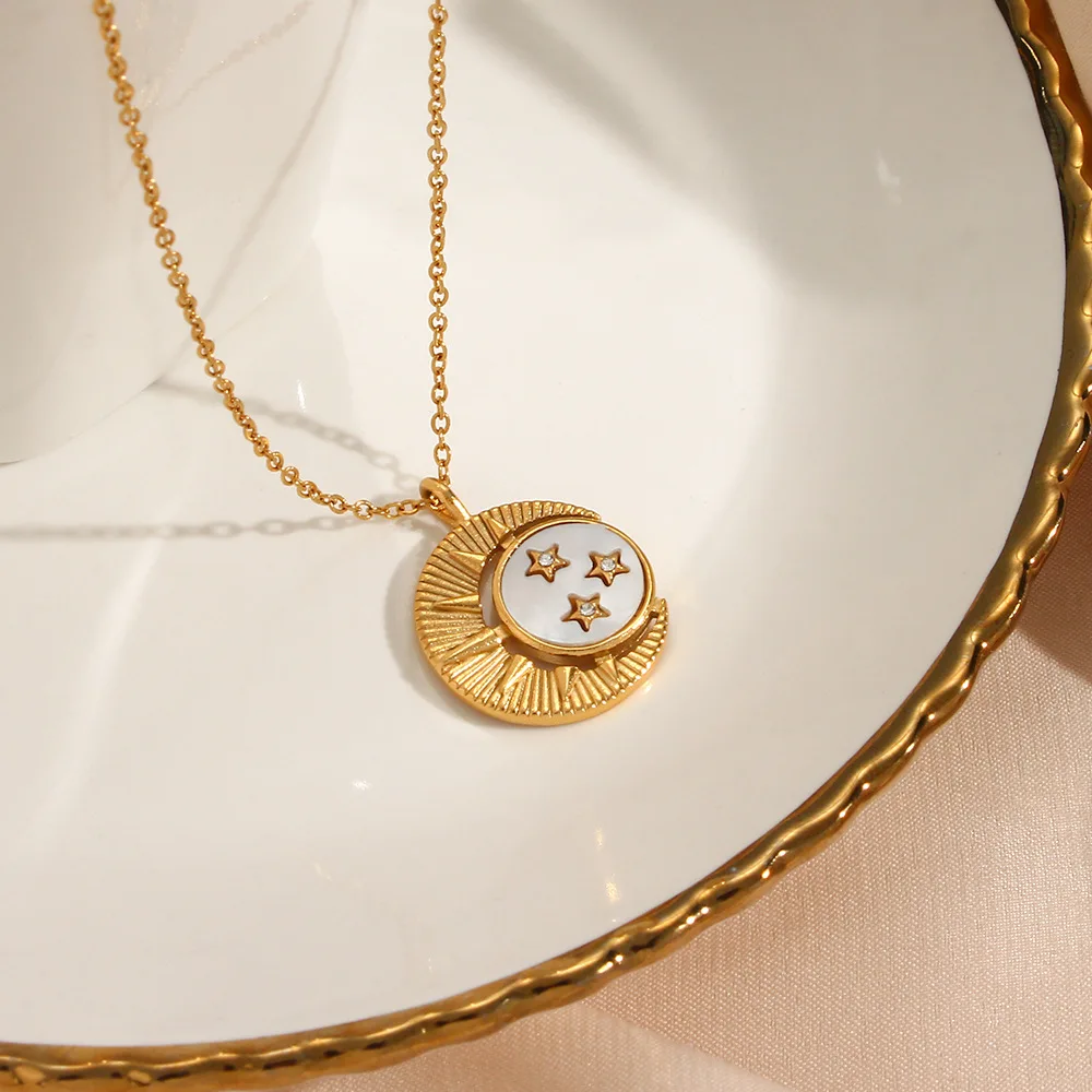 

316L Stainless Steel Simple Temperament Moon Zircon Stars Pendant Necklace High Quality 18K Plated Women Collar Necklace