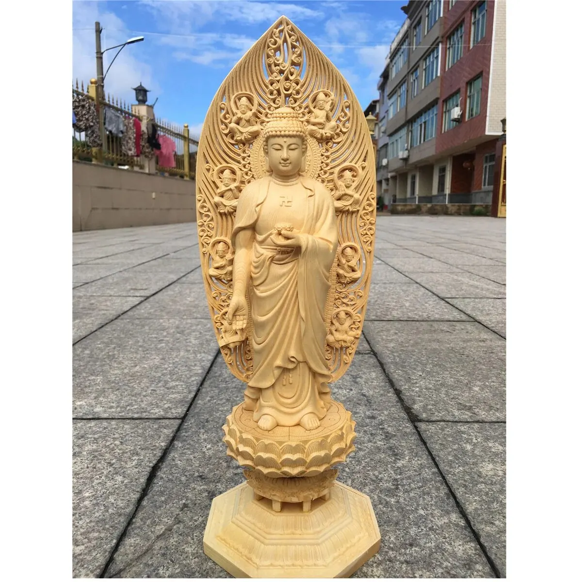 

43 см большая домашняя офисная компания магазин безопасность удачи эффективная защита Будда амитабиха Сакьямуни резьба по дереву статуя