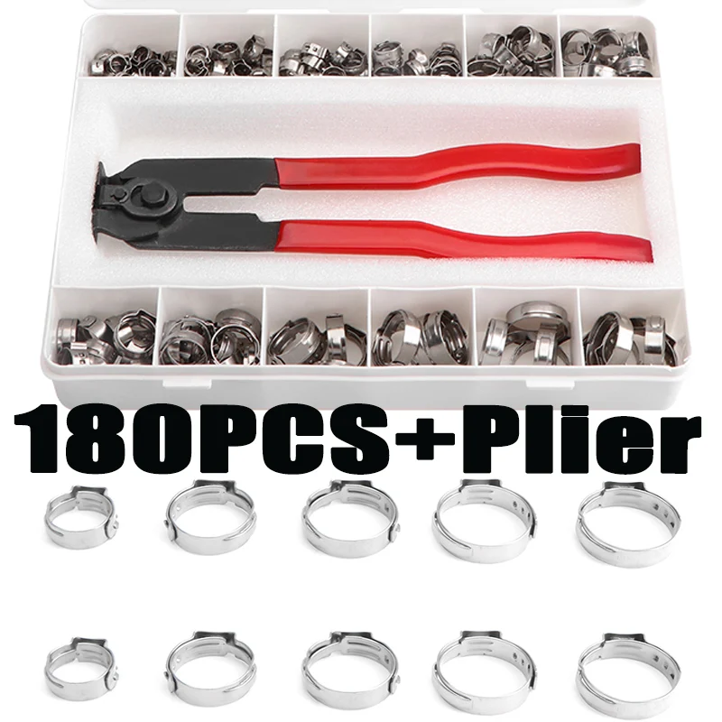 

180pcs Clamps Boxed Stainless Steel Single Ear Hoop 5.8mm-23.3mmPipe Clamp Wood Working Clamps + Red Ball Cage Clamp Pliers