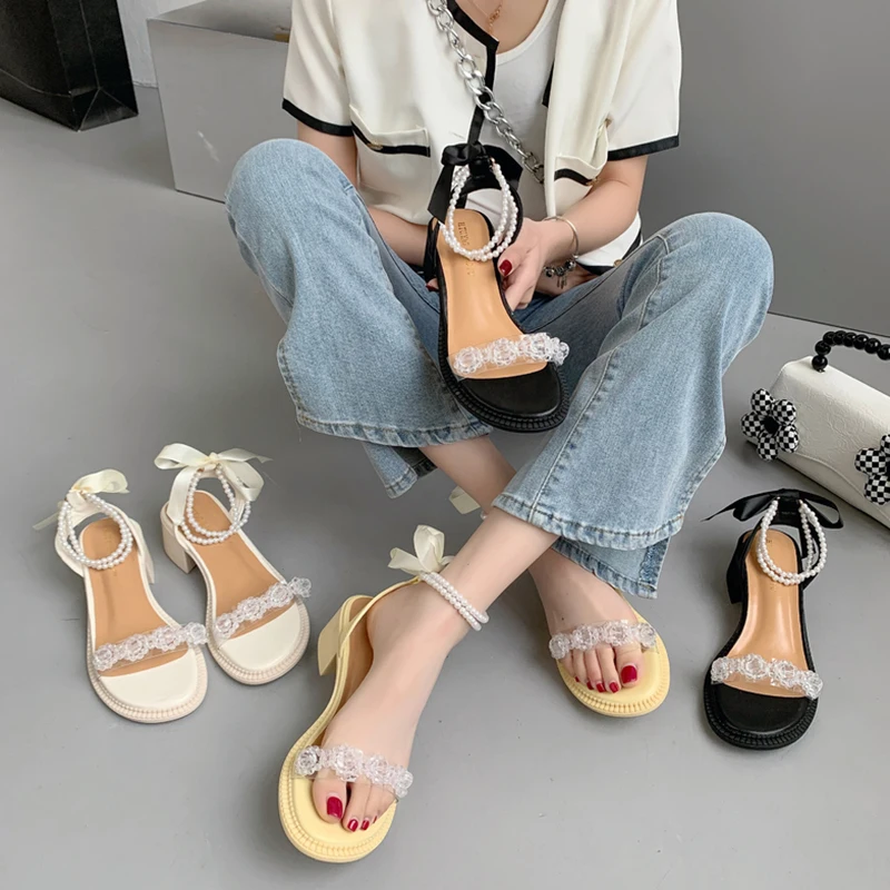

Fashion Womens Shoes 2022 Roman Sandals Summer Heels Suit Female Beige Luxury Comfort Gladiator Girls Block New Clear Retro Pear