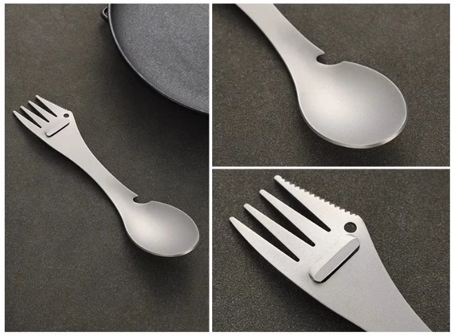Фото Титановый многофункциональный инструмент Spork Посуда 6-в-1 с ложкой, вилкой, ножом, открывателем для бутылок, подвесным отверстием и ножом Ультра-прочный №5