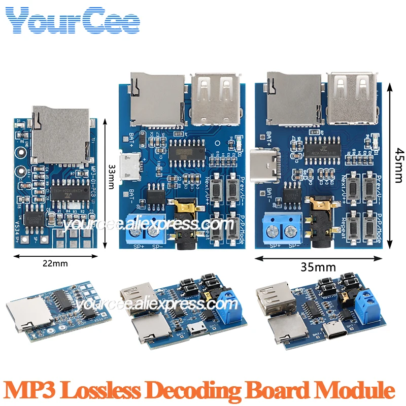 Фото 2 шт./1 шт. USB-модуль для воспроизведения MP3, декодер без потерь, плата декодирования, аудиоусилитель, интерфейс Type-C, DC 3.7-5.5В, 2Вт №1