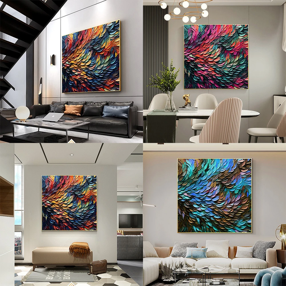 

Abstract Feather Painting Modern Minimalist Wall Art Canvas Poster Print Colorful Square Pictures Living Room Home Decor Cuadros
