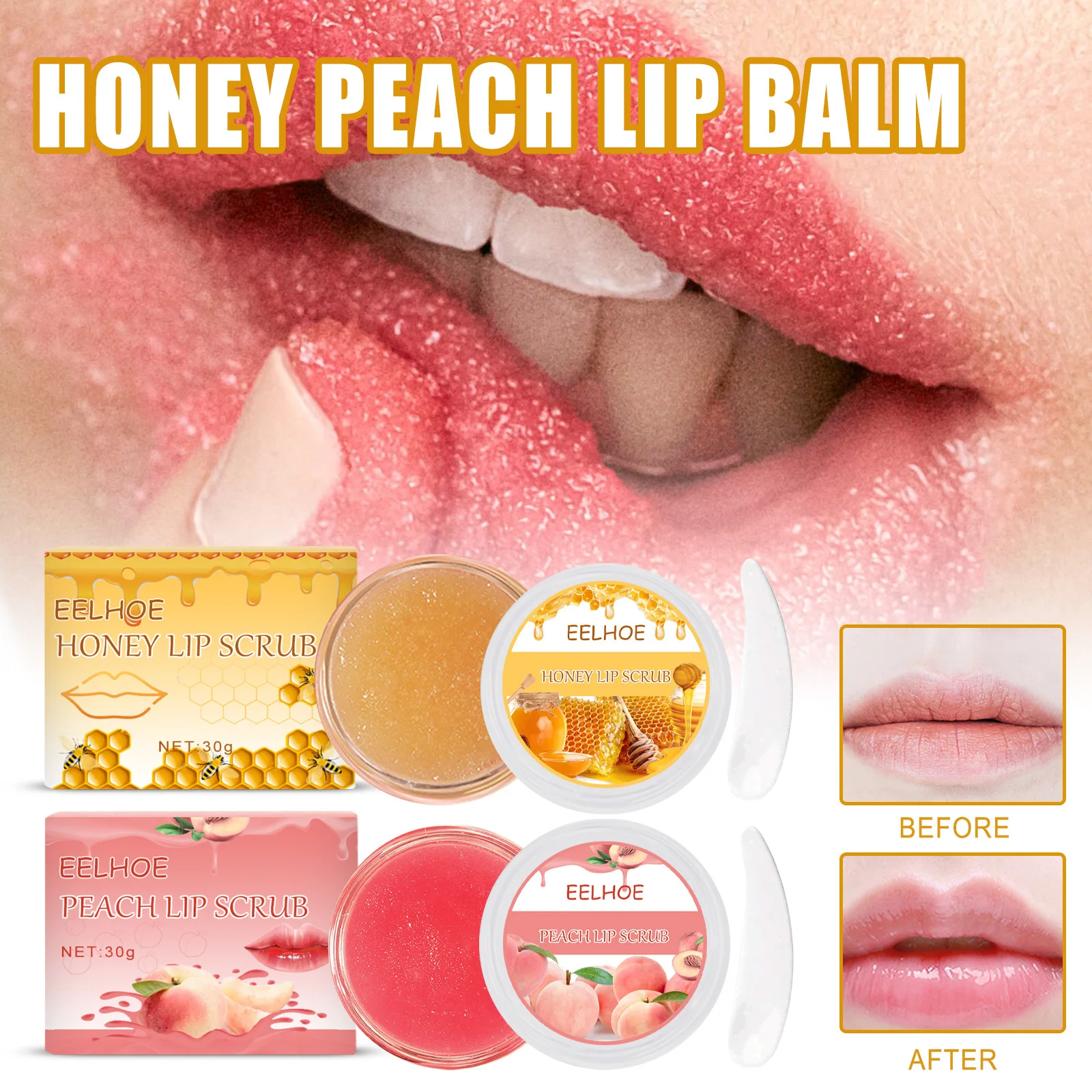 30g Honey and Peach Lip Scrub with Spoon Lip Exfoliation Scrub Hydrating and Moisturizing Lip Mask Light Lip Lines Free Shipping