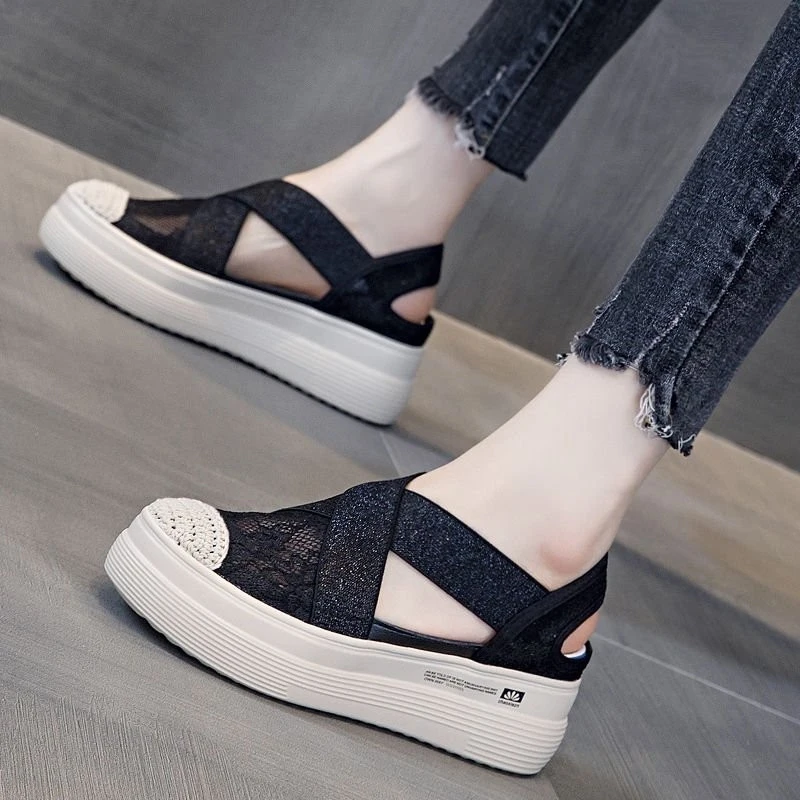 

2022 Loafers Ladies Vintage Sewing Mesh Flats Summer Shoes Fashion Sandals Stretch Bandages Casual Platform Ladies Sandals