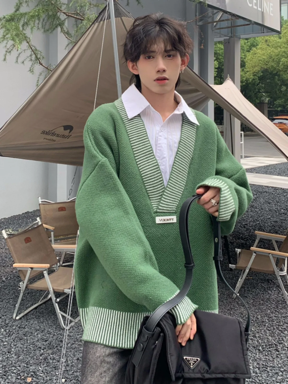 Green Profile V-neck Sweater Men's Autumn and Winter Korean Sle High-Grade Low Collar Knit American vintage Loose Outerwear