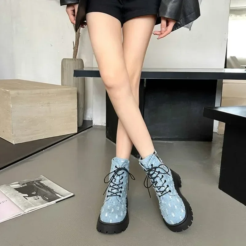 Hot Selling New Women's Boots Lace-up High Heel Shoes for Women Round Toe Square Modern Outdoor Dress Platform