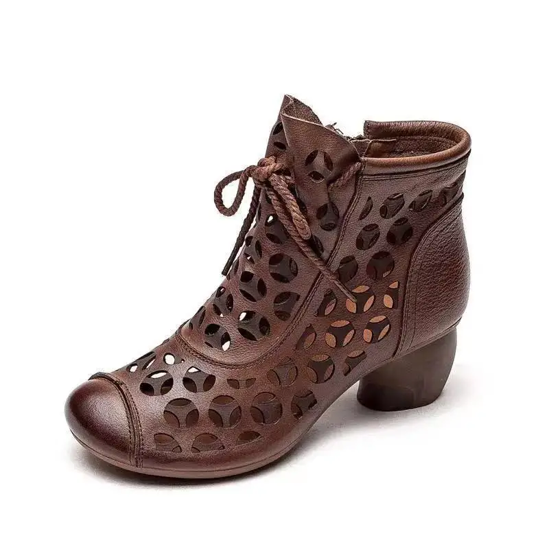

Summer Women's Boots Retro Soft Leather Ladies Boots with Increased Heel Summer Breathable Shoes