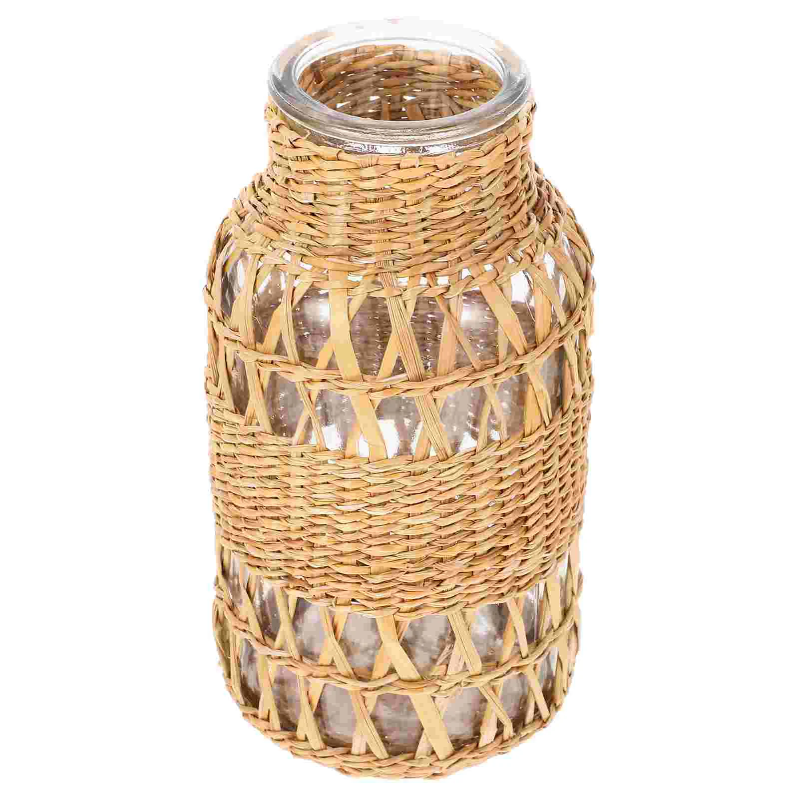 

Straw Rattan Glass Vase Vintage Home Decor Floral Arrangements Holder Woven Flower