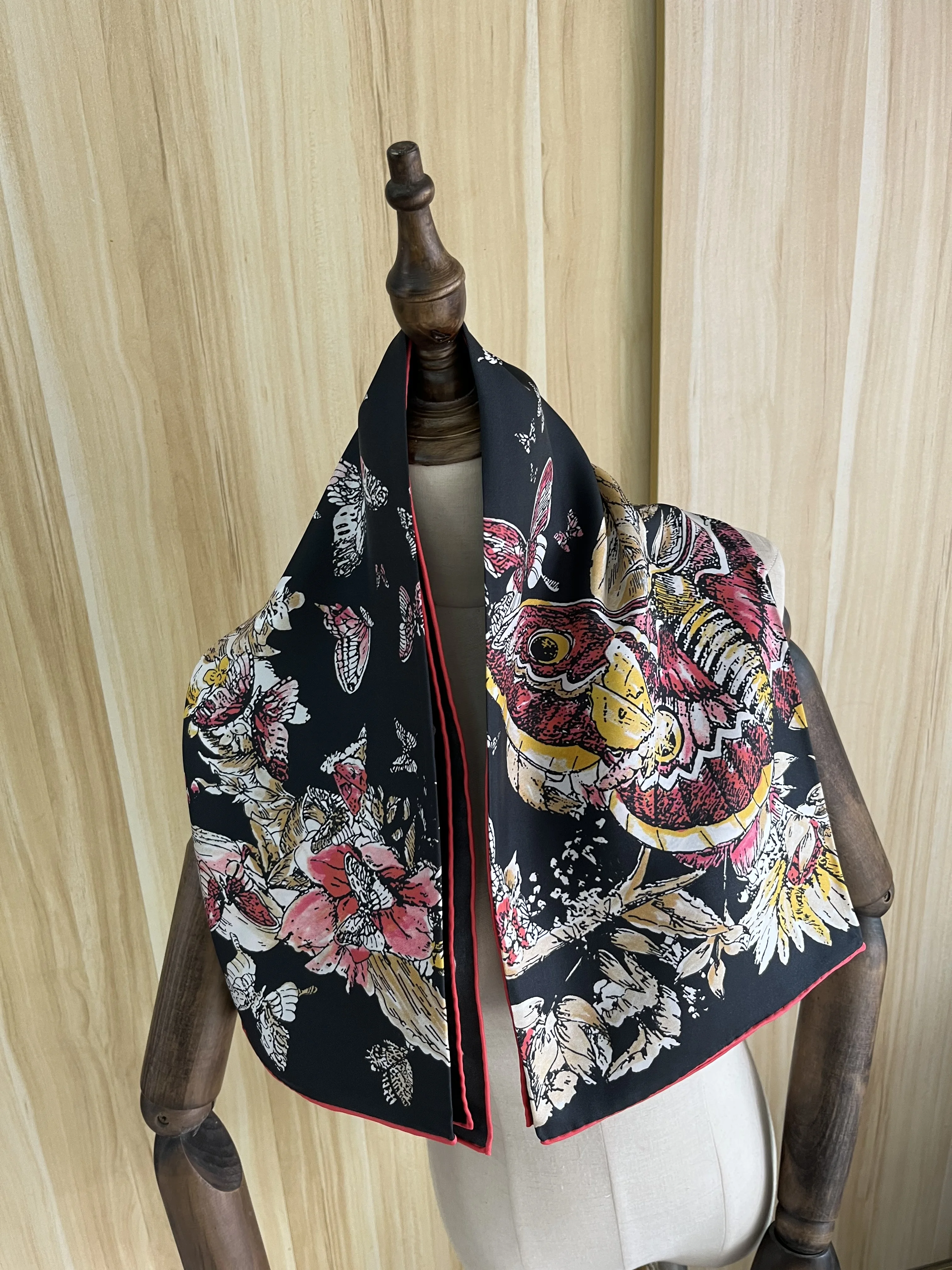 

2022 new arrival spring classic black 100% pure silk scarf twill hand made roll 90*90 cm shawl wrap for women lady gift