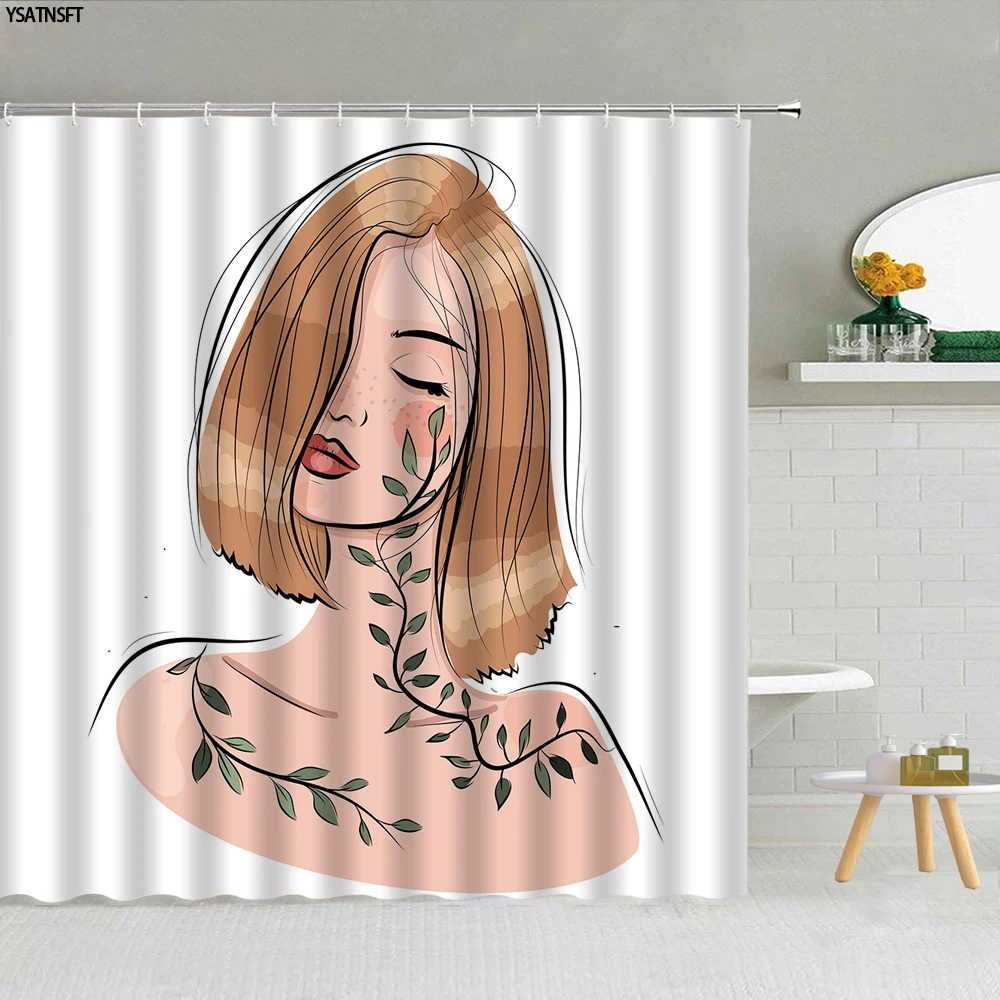 

Abstract Face Shower Curtain Set Creative Lines Girl Face Print Home Decor Fabric Polyester Bathroom Curtain Hook Bath Courtain