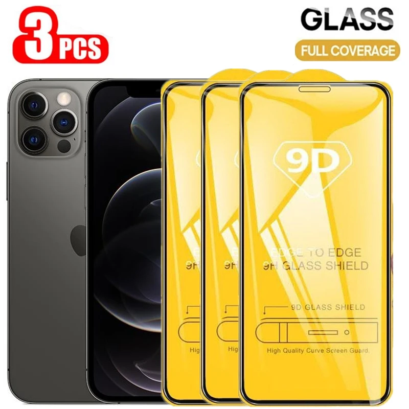 

9D 3PCS Full Cover Tempered Glass on For IPhone 11 12 Pro Max XS XR 7 8 6s Plus Screen Protector For iPhone 13 12 11 Protective
