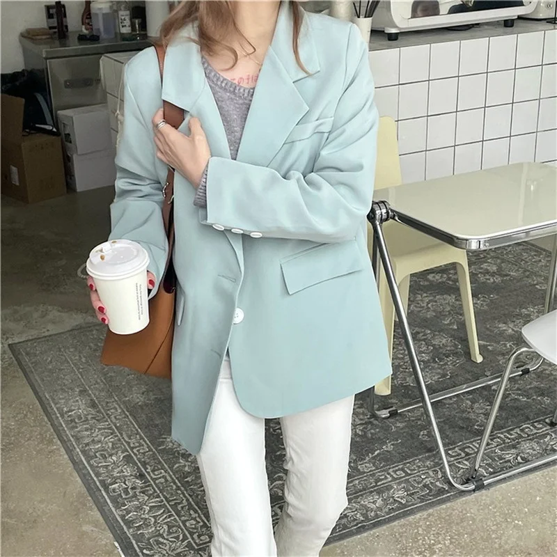 Green Elegant Commuter Blazers Women Single Breasted Solid Colors Casual Suit 2021 Spring Autumn New Fashion Loose Sweet Blazer