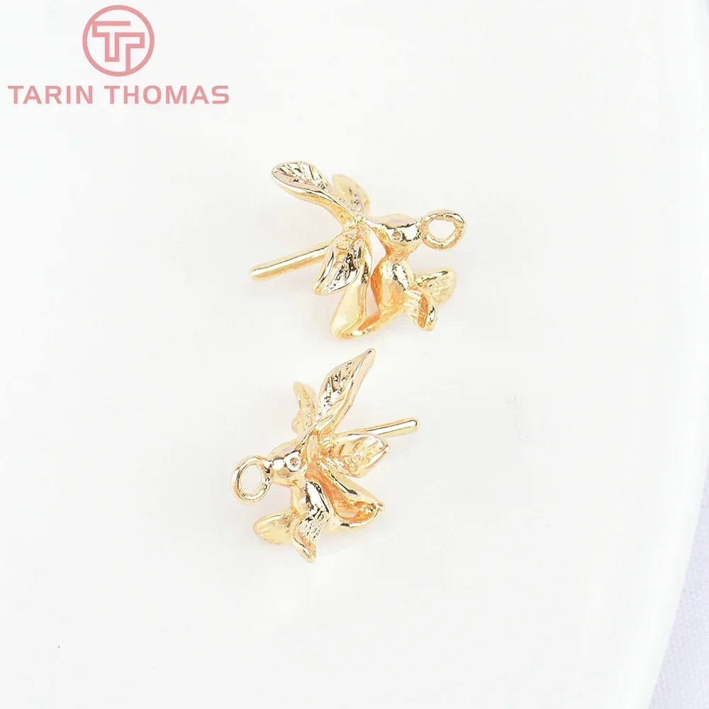 (5658) 10 шт. 10x11 5 мм 24-каратное золото латунные птицы с бусинами колпачки