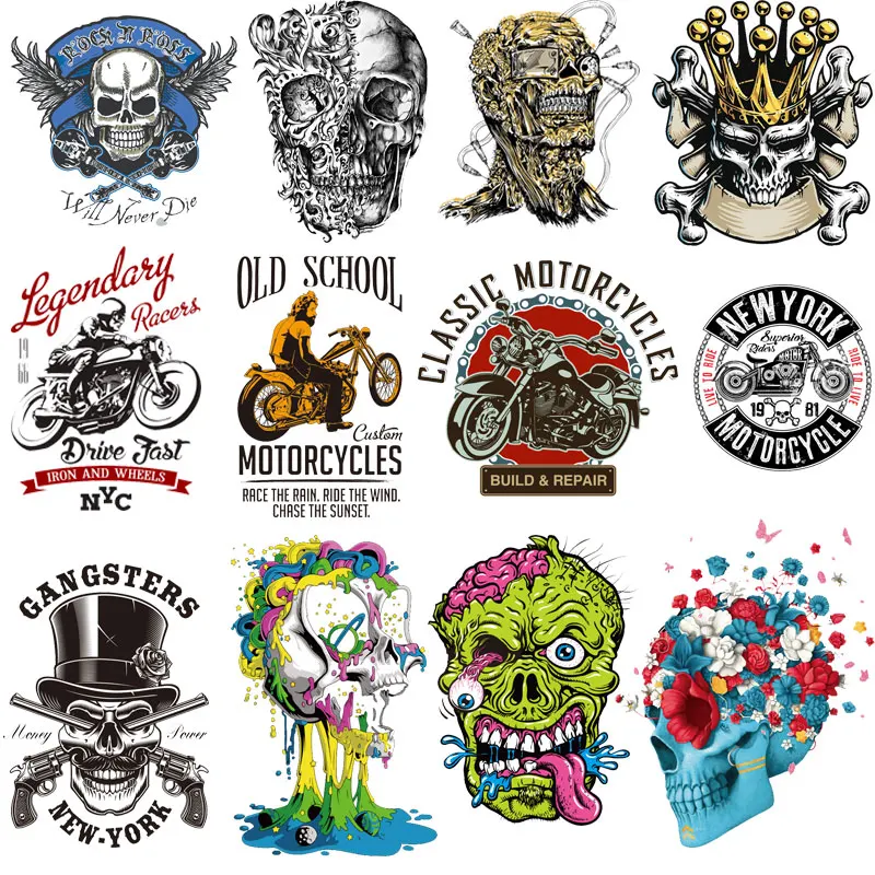 

Motorcycle Iron on Patches Punk Skull Heat Transfer Stickers Appliques Badges Thermoadhesive Patch Stripes on Clothes T Shirt