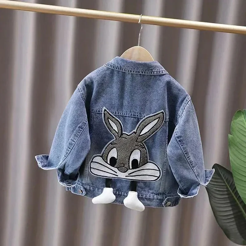 

2-7 Years Girls Denim Jackets New Fashion Kids Embroidery Cartoon Rabbit Coat Autumn Children Outerwear Casual Girls Clothes