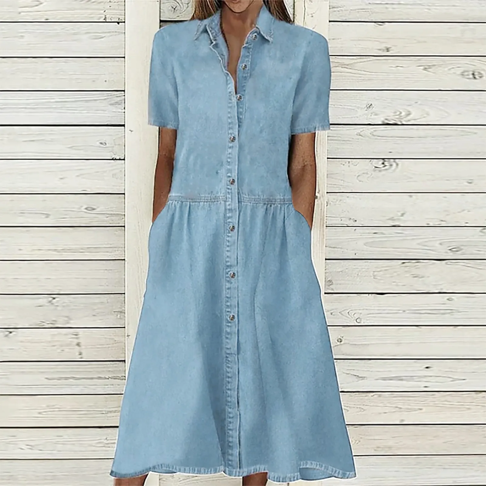 

Платье женское джинсовое средней длины, модное элегантное свободное платье из денима с коротким рукавом, V-образным вырезом, на лето