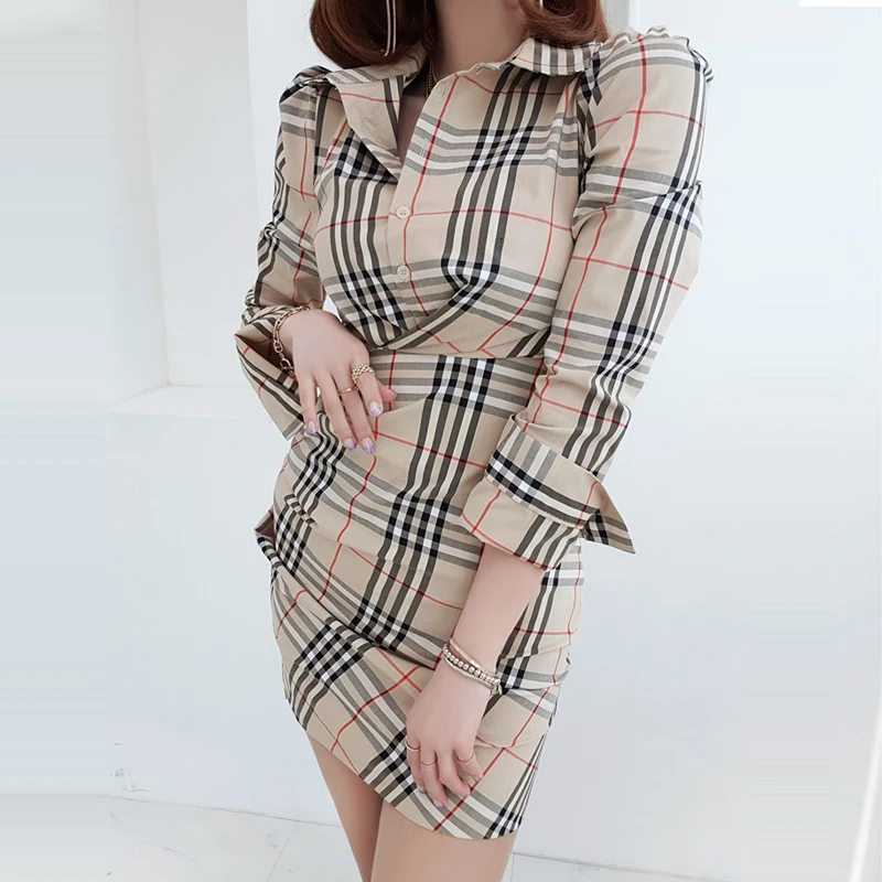 Высококачественная облегающая клетчатая юбка-рубашка с воротником-лодочкой