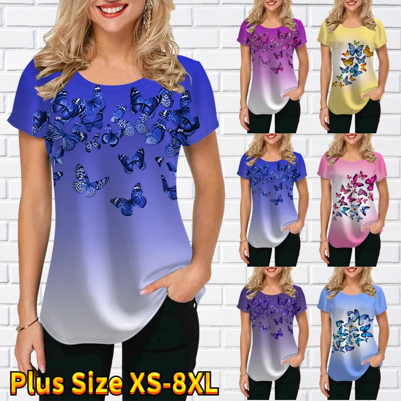 

Butterfly Print T-shirt Women's Top Niche Summer Short-sleeved Design Trend Loose T-shirt Top Women's Clothing XS-8XL