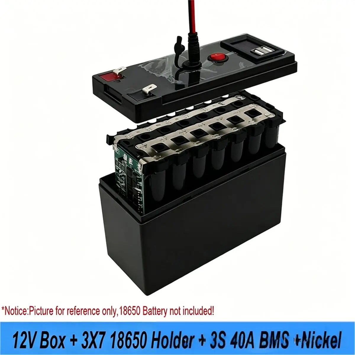 Фото Комплект для сборки аккумуляторного блока ABSY DIY 12V 3S7P 18650: Корпус 12В + держатель для 3x7 аккумуляторов 18650 + контроллер 3S 40A + дисплей напряжения + Power Bank с двумя USB-портами B №2