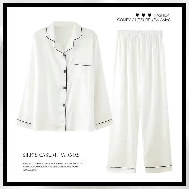 Silk Pajamas Women's Spring and Summer Long-sleeved Trousers Suit Thin Ice Silk Satin Ladies Sexy Home Service Large Size 5XL