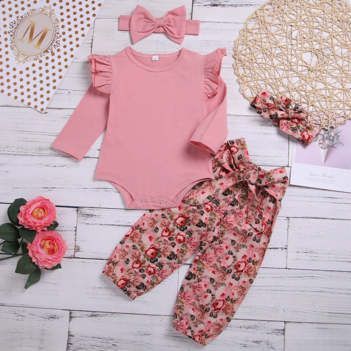 

Baby spring and autumn long-sleeved suit girls baby jumpsuit printed trousers