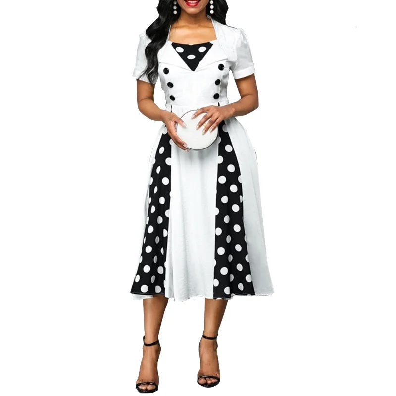 

Summer Dress for Women 2023 Vintage Dot Print Short Sleeve Slim Hiag Waist Office A-Line Dress Party Sundress Casual Midi Robe