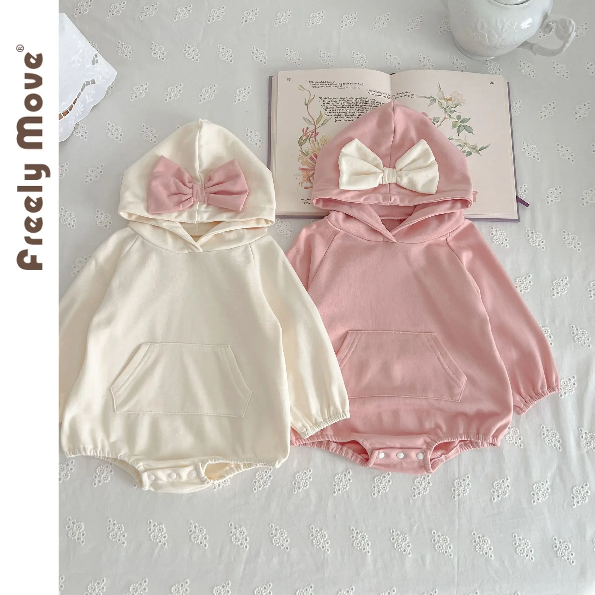 

Freely Move Toddler One Piece Outfits Newborn Baby Girl Romper 2023 New Sweet Kids Romper Long Sleeve Hooded Bodysuit Clothes