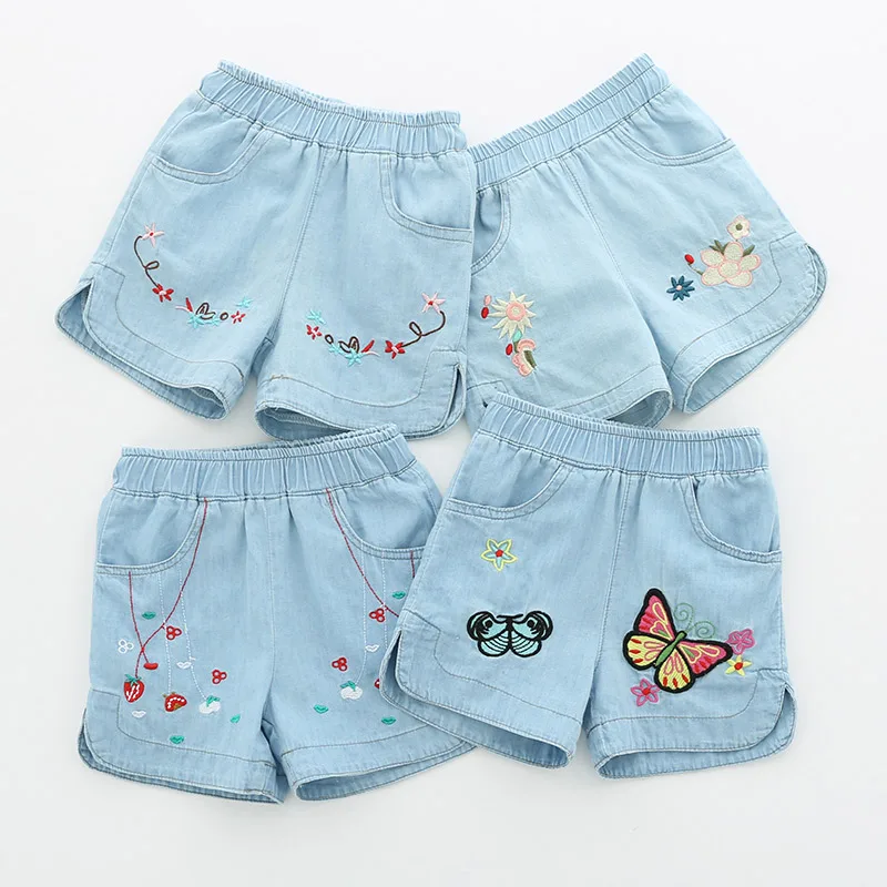 

2023 Hot Summer Casual 2 3 4 6 8 10 12Years Children Embroidery Flower Cotton Pocket Denim Blue Shorts For Small Baby Kids Girls