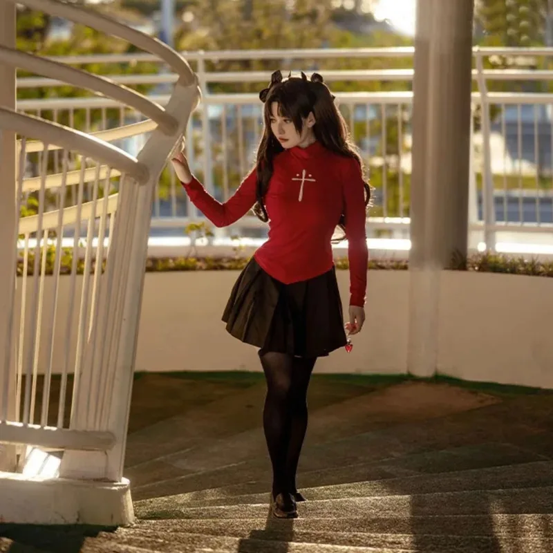 Фото Аниме игра Fate Stay Night Тосака Рин Косплей Костюм Парик для женщин Красная рубашка Юбка Чулки Зажимы x;2,f;5.n; №2