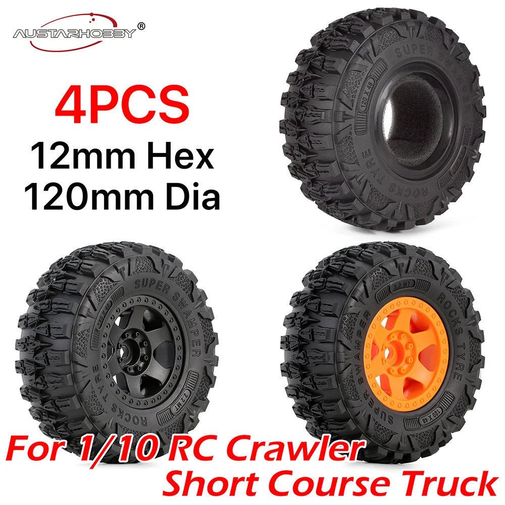 

AUSTARHOBBY 2.2in 1/10 RC Crawler Beadlock Wheels and Tires Rims Set Mud Tire for Axial SCX10 TRX4 TRX-6 Short Course Truck