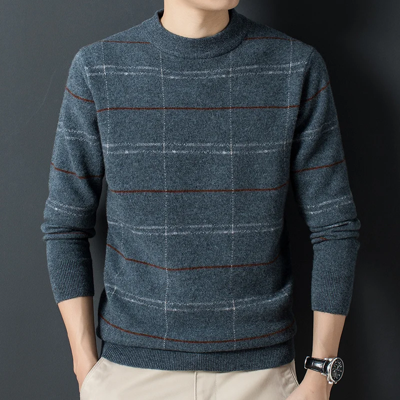 padded Winter sweater wool striped sweater men's for young and middle-aged men's sweater with 200 pure wool and half turtleneck.